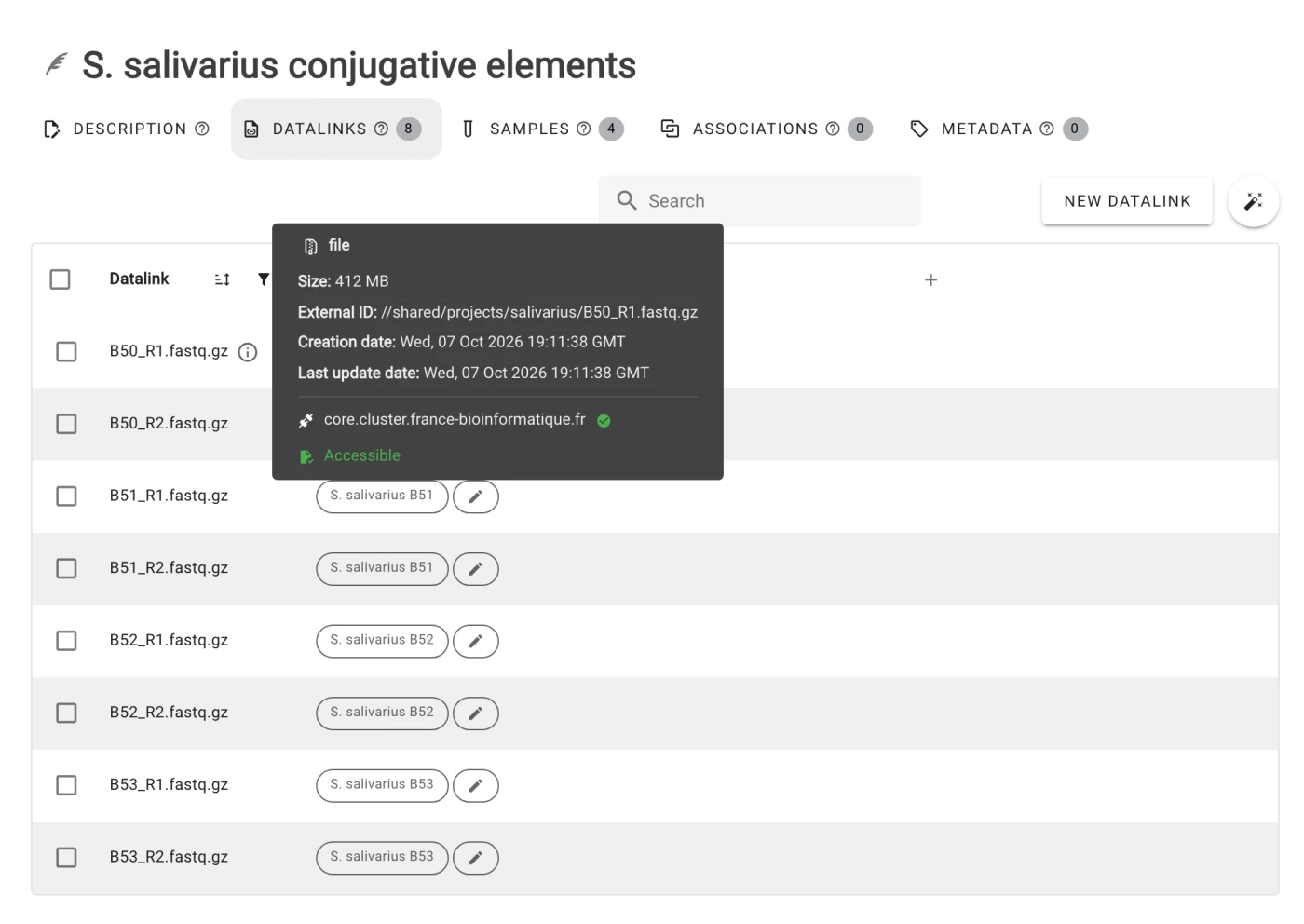 Datalinks table listing eight paired fastq.gz files; the details of B50_R1.fastq.gz give its path on core.cluster.france-bioinformatique.fr and show it is accessible