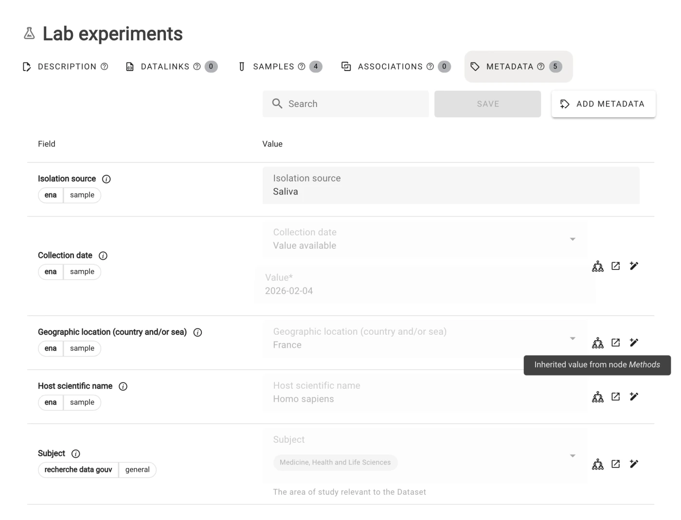 Metadata of the Lab experiments node: an isolation source set on the node itself, then a collection date, geographic location, host scientific name and subject inherited from the Methods node, greyed out with an Inherited value from node Methods tooltip